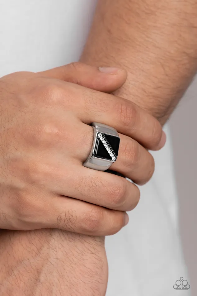 Paparazzi Accessories Diagonally Dominant Black Square Rhinestone Mens Ring Paparazzi Rings