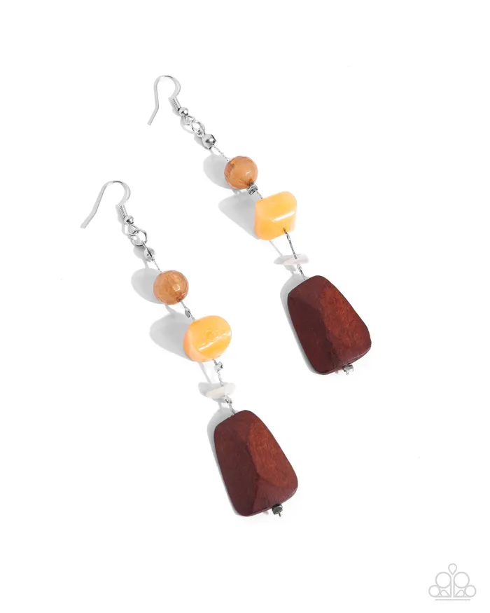 Paparazzi Accessories Earrings Creative Collection Orange Stone Brown Wood Bead Silver Earrings Paparazzi