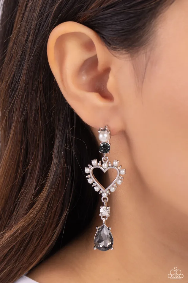 Paparazzi Accessories Earrings Lovers Lure Silver Smoky Gem Pearl Heart Post Earrings Paparazzi