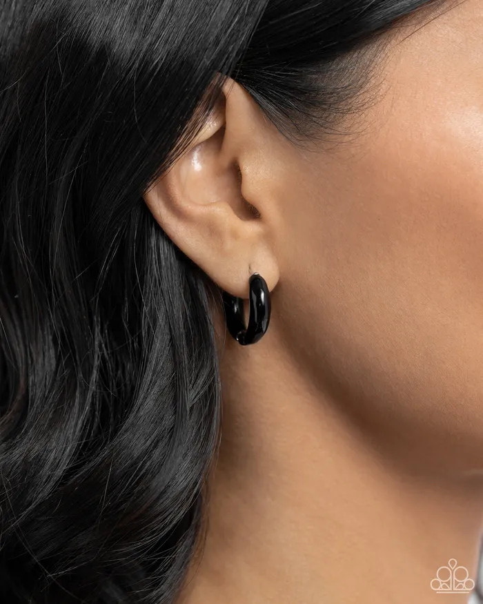 Paparazzi Accessories Earrings Pivoting Paint Black Enamel Silver Tiny Hinge Hoop Earrings Paparazzi