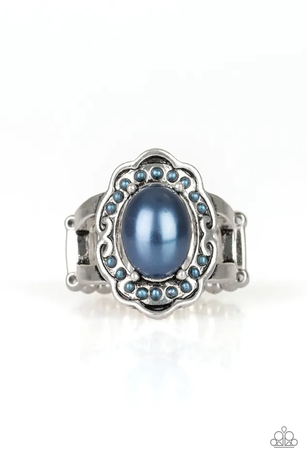 Paparazzi Accessories Metro Marina Blue Pearly Bead Silver Floral Frame Ring Paparazzi Rings Paparazzi Accessories Metro Marina Blue Pearly Bead Silver Floral Frame Ring Paparazzi Rings