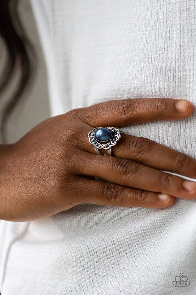 Paparazzi Accessories Metro Marina Blue Pearly Bead Silver Floral Frame Ring Paparazzi Rings