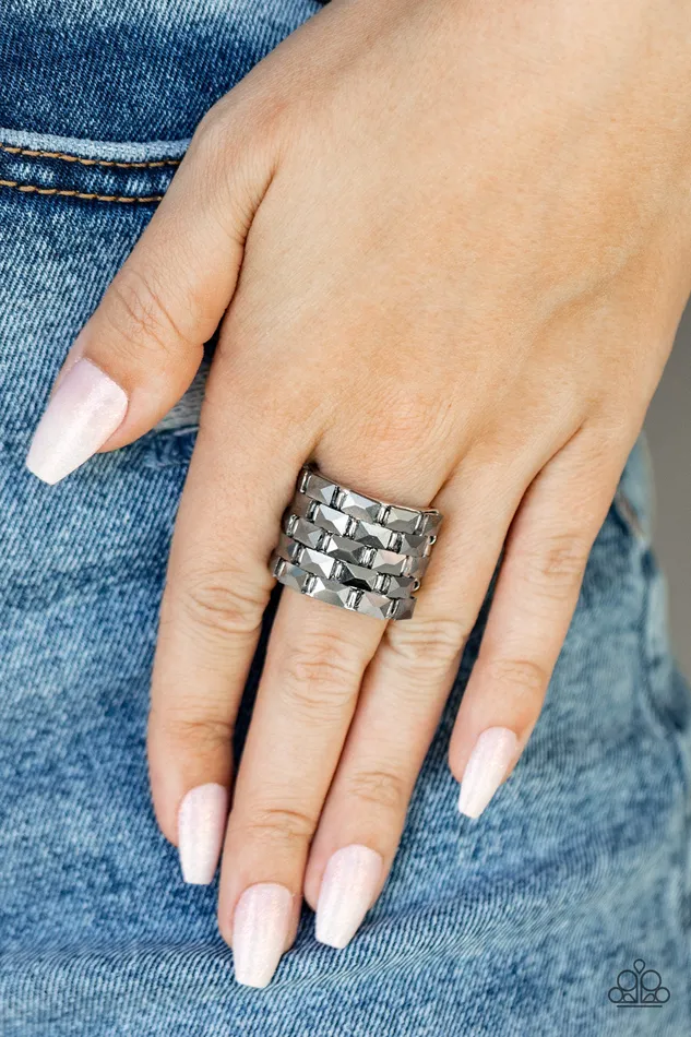 Paparazzi Accessories Rings Checkered Couture Silver Hematite Rhinestone Ring Paparazzi 2021 Convention Exclusive
