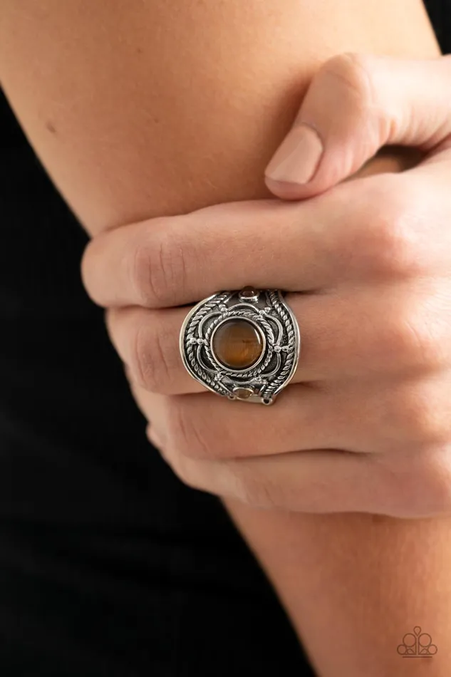 Paparazzi Accessories Rings Exuberant Escapade Brown Cats Eye Silver Ring Paparazzi