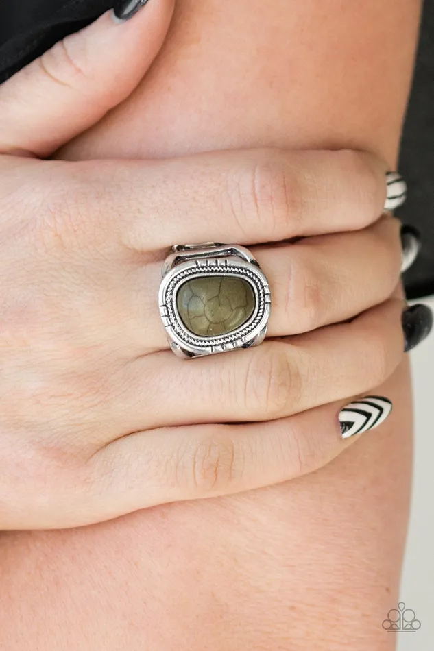 Paparazzi Accessories Rings Out On The Range Green Olive Stone Silver Frame Ring Paparazzi