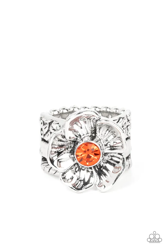 Paparazzi Accessories Rings Prismatically Petunia Orange Rhinestone Silver Flower Ring Paparazzi