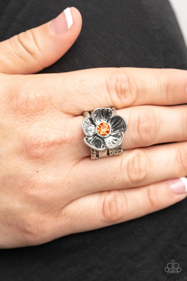 Paparazzi Accessories Rings Prismatically Petunia Orange Rhinestone Silver Flower Ring Paparazzi