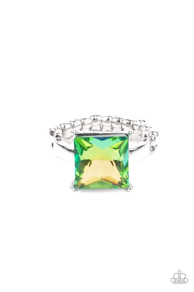 Paparazzi Accessories Rings Ready For My Coronation Green UV Shimmer Square Gem Silver Ring Paparazzi Paparazzi Accessories Rings Ready For My Coronation Green UV Shimmer Square Gem Silver Ring Paparazzi
