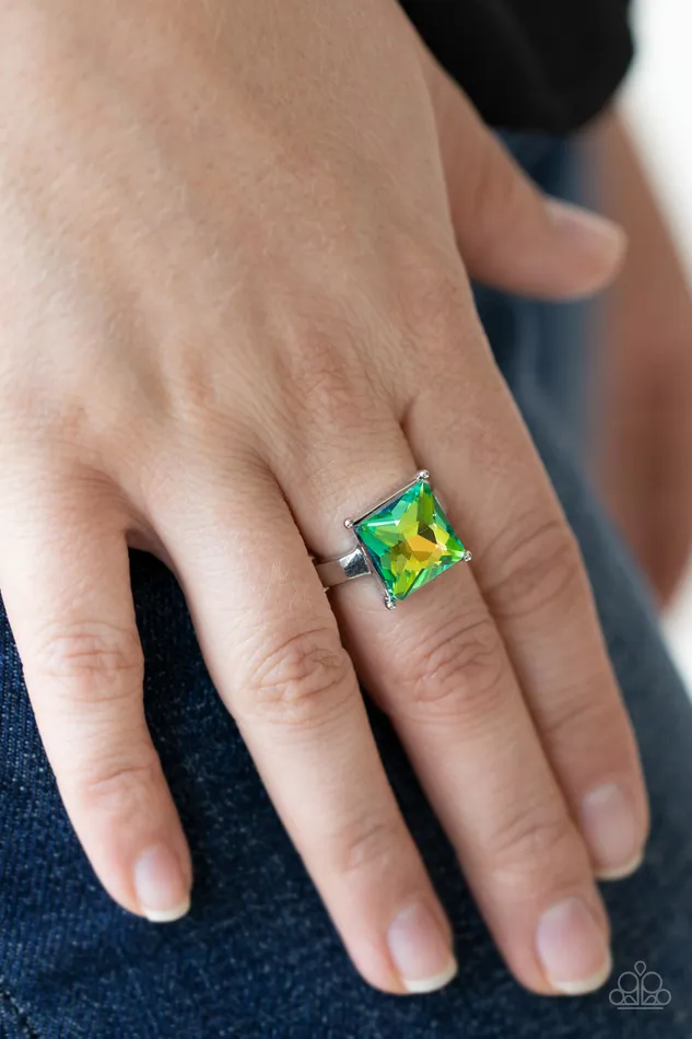 Paparazzi Accessories Rings Ready For My Coronation Green UV Shimmer Square Gem Silver Ring Paparazzi