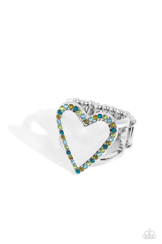 Paparazzi Accessories Rings Smitten Shimmer Green and Blue Rhinestone Silver Heart Ring Paparazzi