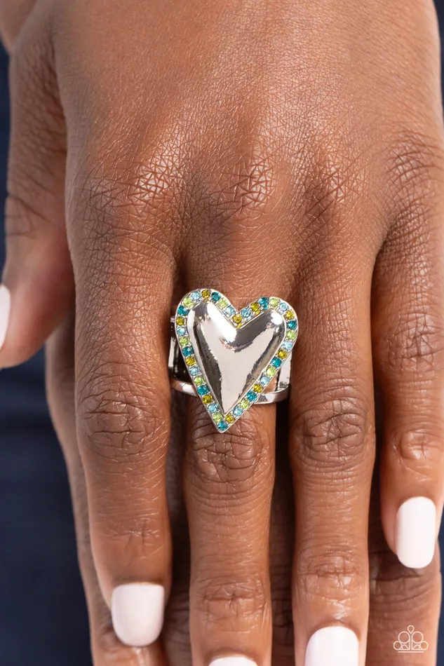 Paparazzi Accessories Rings Smitten Shimmer Green and Blue Rhinestone Silver Heart Ring Paparazzi