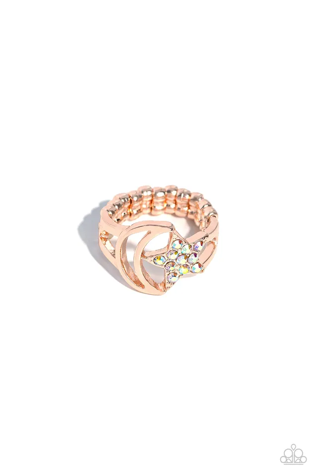Paparazzi Accessories Rings Stargazing Style Rose Gold Moon and Star Iridescent Rhinestone Ring Paparazzi Paparazzi Accessories Rings Stargazing Style Rose Gold Moon and Star Iridescent Rhinestone Ring Paparazzi