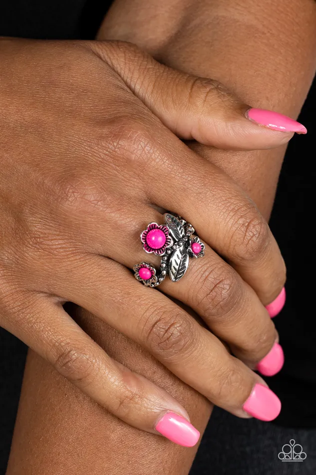 Paparazzi Accessories Rings Wonderland Wildflower Pink Stone Silver Floral Ring Paparazzi