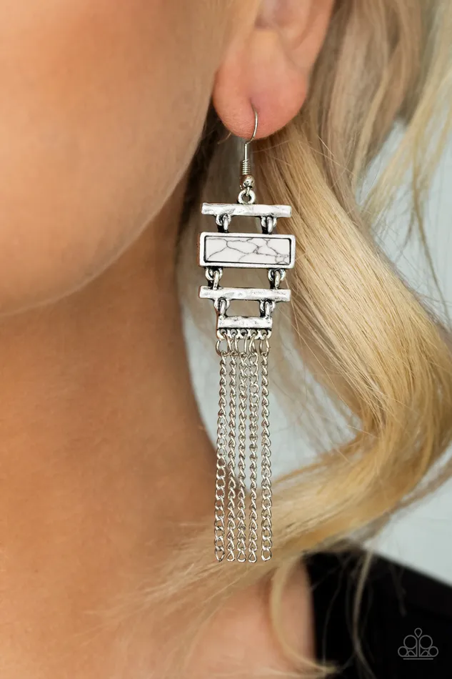 Paparazzi Accessories Stone Dwellings White Cracked Stone Marble Rectangle Silver Fringe Earrings Paparazzi Earrings