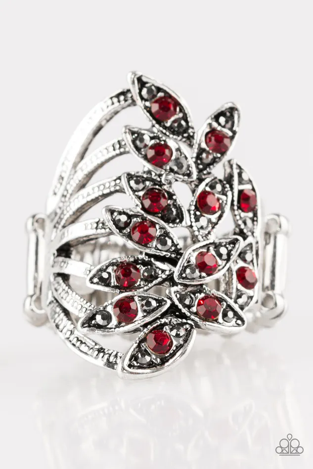 Paparazzi Perennial Paradise Red and Hematite Rhinestone Leaf Silver Ring Paparazzi Accessories Rings Paparazzi Perennial Paradise Red and Hematite Rhinestone Leaf Silver Ring Paparazzi Accessories Rings