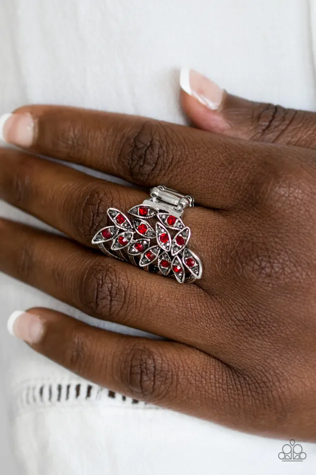 Paparazzi Perennial Paradise Red and Hematite Rhinestone Leaf Silver Ring Paparazzi Accessories Rings Paparazzi Perennial Paradise Red and Hematite Rhinestone Leaf Silver Ring Paparazzi Accessories Rings
