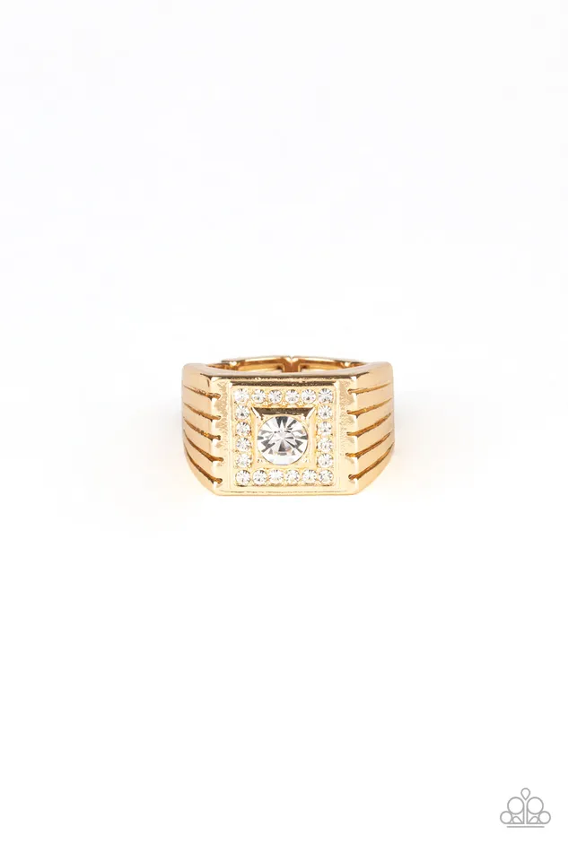 Plunder Gold Square White Rhinestone Mens Ring Paparazzi Paparazzi Accessories Rings Plunder Gold Square White Rhinestone Mens Ring Paparazzi Paparazzi Accessories Rings
