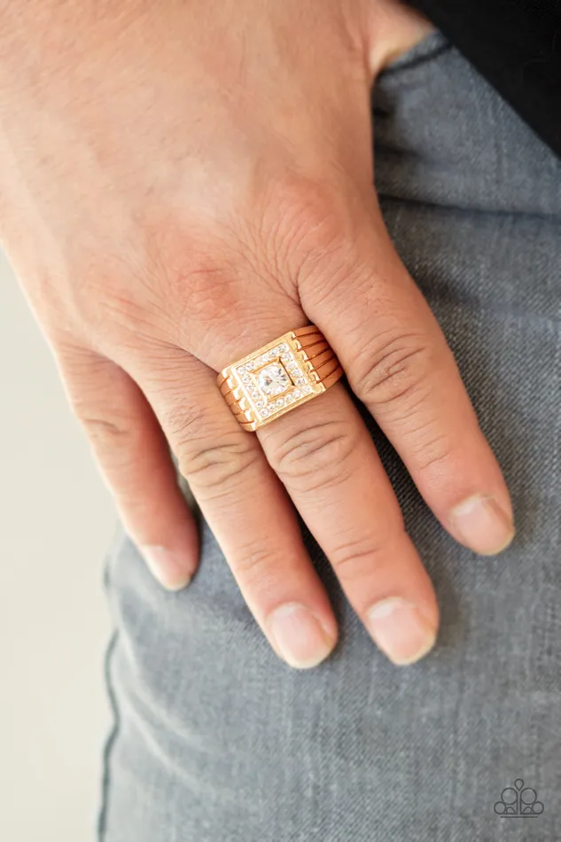 Plunder Gold Square White Rhinestone Mens Ring Paparazzi Paparazzi Accessories Rings