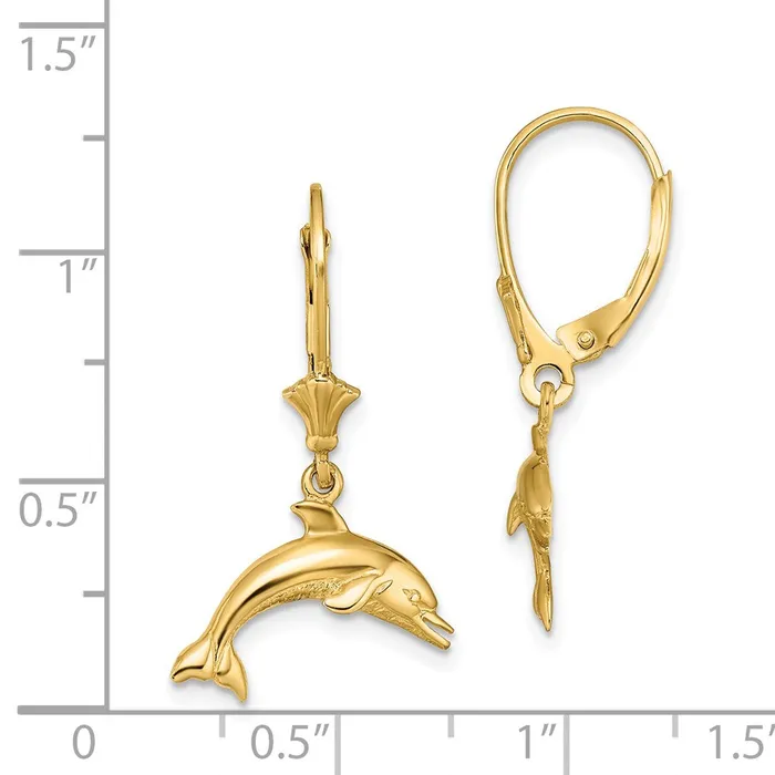 Qgold Earrings 14k Yellow Gold 162 mm Jumping Dolphin Leverback Earrings 19 grams