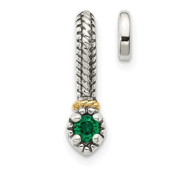 Qgold Necklaces Sterling Silver Antiqued w 14k Created Emerald Chain Slide Pendant 077 grams
