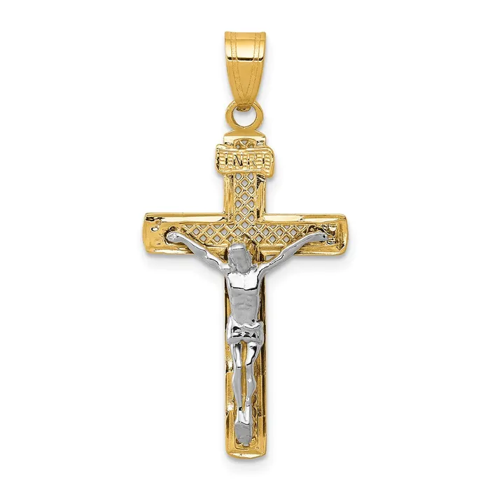 Qgold Rings 14k Twotone 16 mm Twotone Diamondcut Lattice Cross wJesus Crucifix Pendant 122 grams Qgold Rings 14k Twotone 16 mm Twotone Diamondcut Lattice Cross wJesus Crucifix Pendant 122 grams