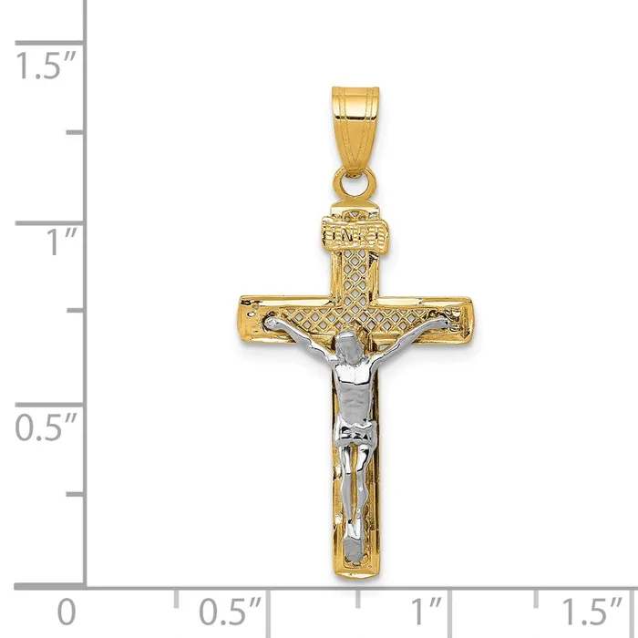 Qgold Rings 14k Twotone 16 mm Twotone Diamondcut Lattice Cross wJesus Crucifix Pendant 122 grams Qgold Rings 14k Twotone 16 mm Twotone Diamondcut Lattice Cross wJesus Crucifix Pendant 122 grams