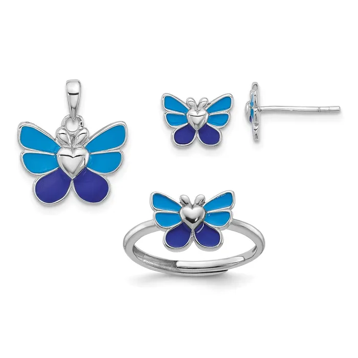 Qgold Rings Sterling Silver RHplated Butterfly Childrens Earring Ring Pendant Set 293 grams Qgold Rings Sterling Silver RHplated Butterfly Childrens Earring Ring Pendant Set 293 grams