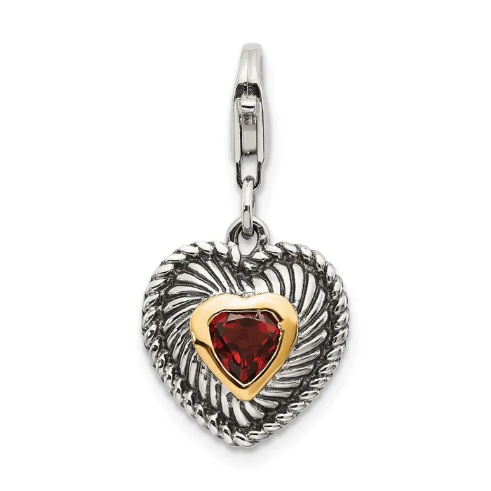 Qgold Rings Sterling Silver w14k Garnet Antiqued Charm 225 grams