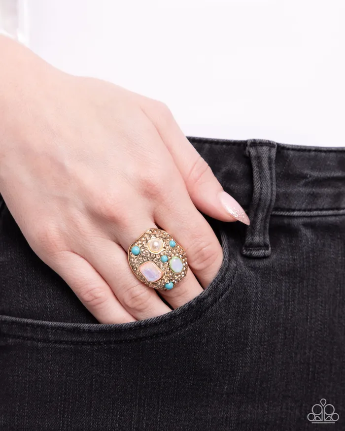 Rings Active Artistry Gold Topaz Turquoise Pearl Ring Paparazzi Paparazzi Accessories