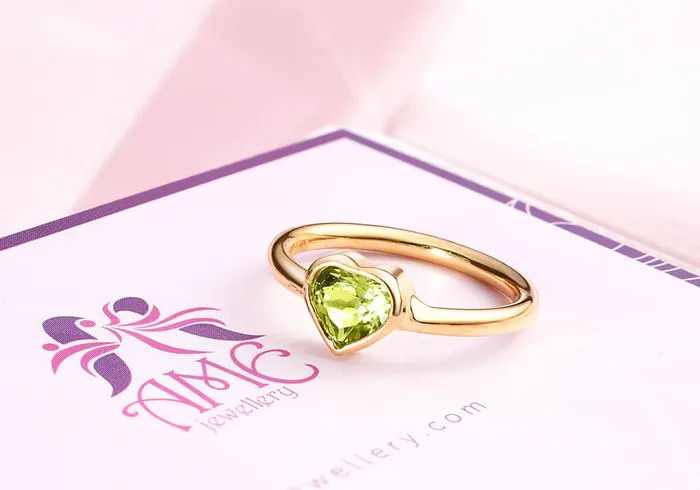 Rings AME Jewellery 6mm Peridot Heart Bezel Ring in 14K Yellow Gold
