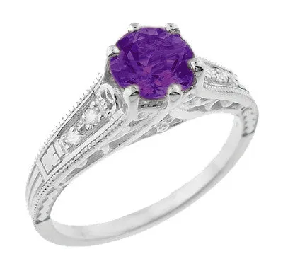 Rings Antique Jewelry Mall Amethyst and Diamond Filigree Engagement Ring in Platinum Rings Antique Jewelry Mall Amethyst and Diamond Filigree Engagement Ring in Platinum