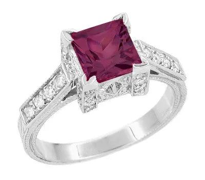 Rings Antique Jewelry Mall Art Deco 1 Carat Princess Cut Rhodolite Garnet and Diamond Engagement Ring in 18 Karat White Gold Rings Antique Jewelry Mall Art Deco 1 Carat Princess Cut Rhodolite Garnet and Diamond Engagement Ring in 18 Karat White Gold