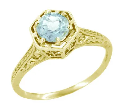 Rings Antique Jewelry Mall Art Deco Filigree Hexagonal 34 Carat Aquamarine Engagement Ring in 14K Yellow Gold
