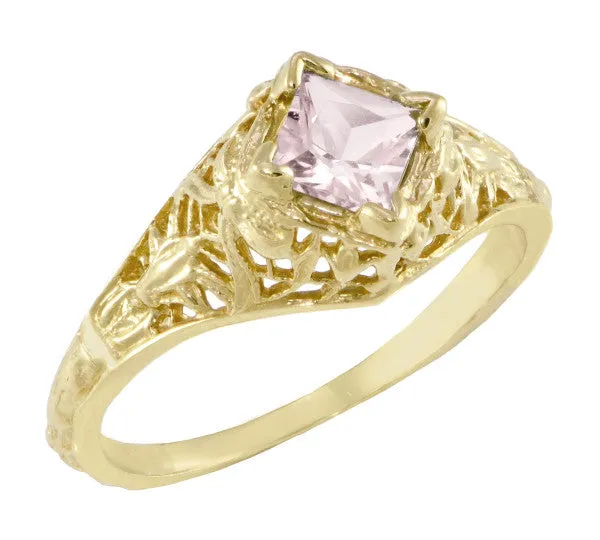 Rings Antique Jewelry Mall Edwardian Filigree Princess Cut Morganite Engagement Ring in 14K Yellow Gold Rings Antique Jewelry Mall Edwardian Filigree Princess Cut Morganite Engagement Ring in 14K Yellow Gold