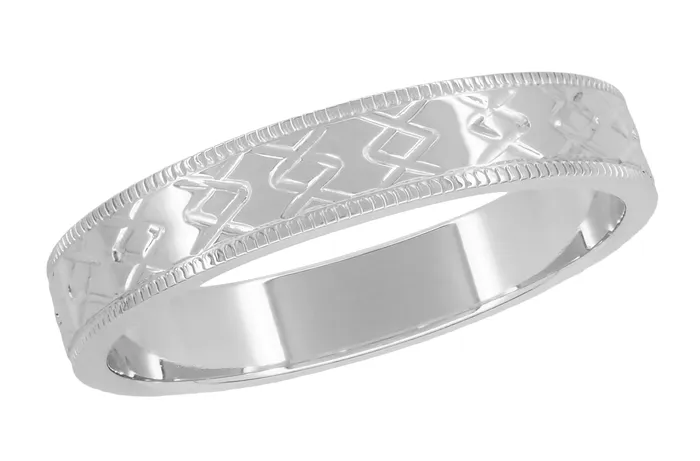 Rings Antique Jewelry Mall Mid Century Modern Interlocking Chevrons Engraved Wedding Band in White Gold 4mm Rings Antique Jewelry Mall Mid Century Modern Interlocking Chevrons Engraved Wedding Band in White Gold 4mm