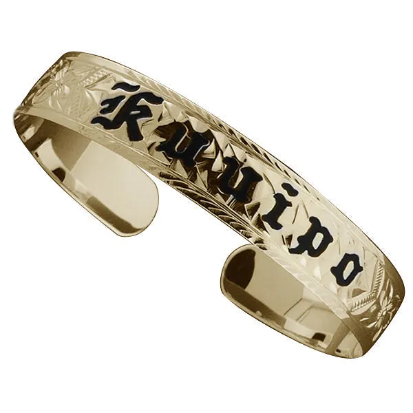 Rings Nakoa 14K Gold CustomMade Plumeria Scroll Black Enamel Letter Smooth Edge Cuff Bangle Thickness 125mm Rings Nakoa 14K Gold CustomMade Plumeria Scroll Black Enamel Letter Smooth Edge Cuff Bangle Thickness 125mm