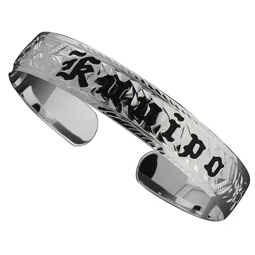 Rings Nakoa 14K Gold CustomMade Plumeria Scroll Black Enamel Letter Smooth Edge Cuff Bangle Thickness 125mm Rings Nakoa 14K Gold CustomMade Plumeria Scroll Black Enamel Letter Smooth Edge Cuff Bangle Thickness 125mm