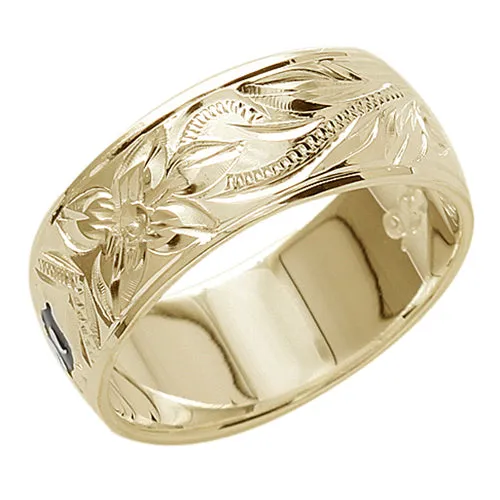 Rings Nakoa 14K Gold CustomMade Plumeria Scroll Black Enamel Letter Smooth Edge Hawaiian Heirloom Ring Thickness 15mm Rings Nakoa 14K Gold CustomMade Plumeria Scroll Black Enamel Letter Smooth Edge Hawaiian Heirloom Ring Thickness 15mm