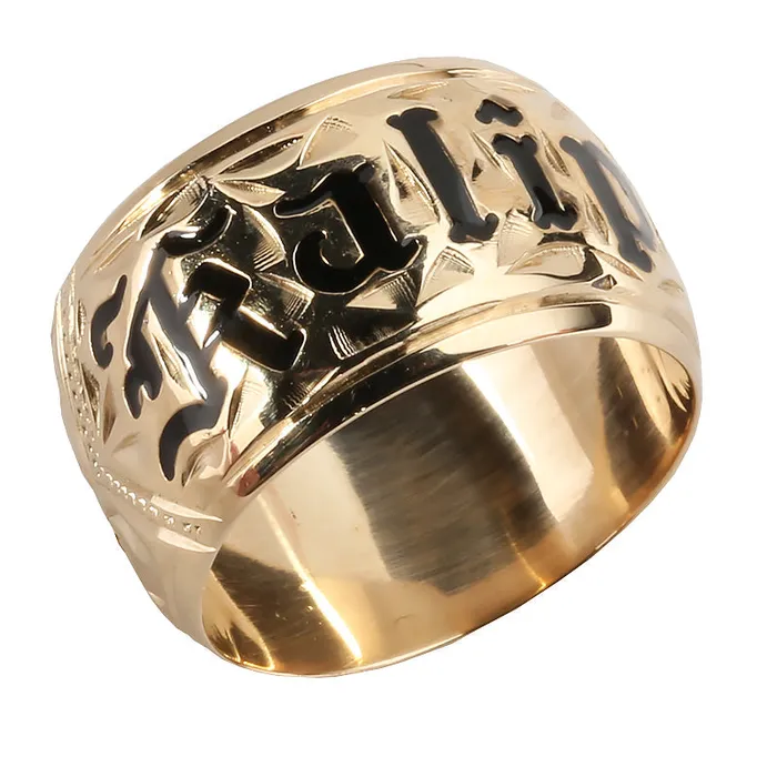 Rings Nakoa 14K Gold CustomMade Plumeria Scroll Black Enamel Letter Smooth Edge Hawaiian Heirloom Ring Thickness 15mm Rings Nakoa 14K Gold CustomMade Plumeria Scroll Black Enamel Letter Smooth Edge Hawaiian Heirloom Ring Thickness 15mm