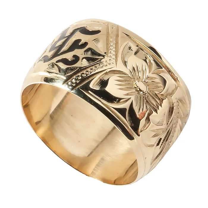Rings Nakoa 14K Gold CustomMade Plumeria Scroll Black Enamel Letter Smooth Edge Hawaiian Heirloom Ring Thickness 15mm Rings Nakoa 14K Gold CustomMade Plumeria Scroll Black Enamel Letter Smooth Edge Hawaiian Heirloom Ring Thickness 15mm