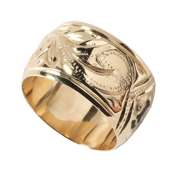 Rings Nakoa 14K Gold CustomMade Plumeria Scroll Black Enamel Letter Smooth Edge Hawaiian Heirloom Ring Thickness 15mm Rings Nakoa 14K Gold CustomMade Plumeria Scroll Black Enamel Letter Smooth Edge Hawaiian Heirloom Ring Thickness 15mm