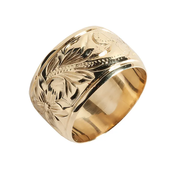 Rings Nakoa 14K Gold CustomMade Plumeria Scroll Black Enamel Letter Smooth Edge Hawaiian Heirloom Ring Thickness 15mm Rings Nakoa 14K Gold CustomMade Plumeria Scroll Black Enamel Letter Smooth Edge Hawaiian Heirloom Ring Thickness 15mm