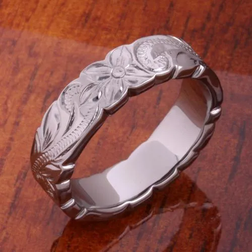 Rings Nakoa Sterling Black Silver Plated Hawaiian Scroll with Plumeria Cut Out Edge Ring 6mm Rings Nakoa Sterling Black Silver Plated Hawaiian Scroll with Plumeria Cut Out Edge Ring 6mm
