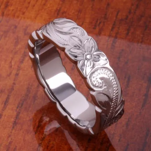 Rings Nakoa Sterling Black Silver Plated Hawaiian Scroll with Plumeria Cut Out Edge Ring 6mm