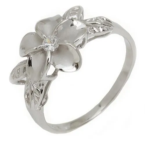 Rings Nakoa Sterling Silver Rhodium Plated Plumeria with CZ Four Leaf Ring