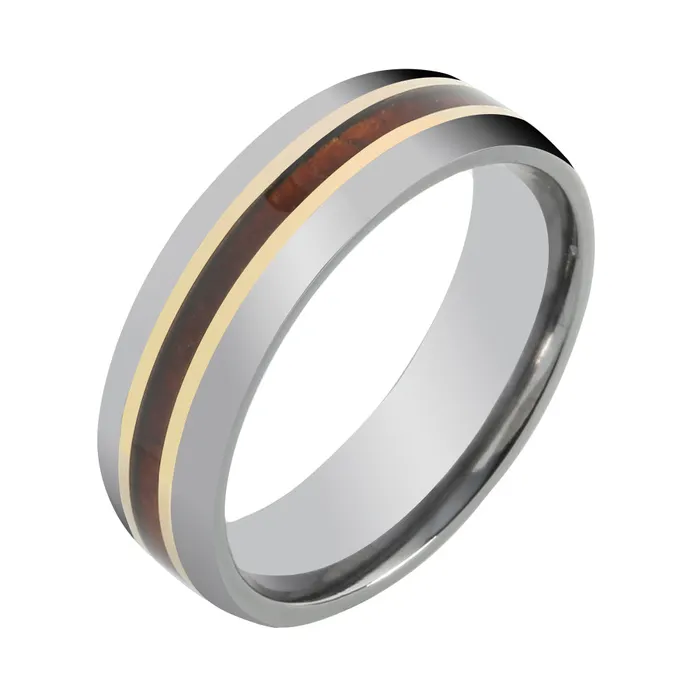 Rings Nakoa Tantalum with 14K Yellow Gold and Koa Wood Inlaid Wedding Ring Barrel 6mm Rings Nakoa Tantalum with 14K Yellow Gold and Koa Wood Inlaid Wedding Ring Barrel 6mm