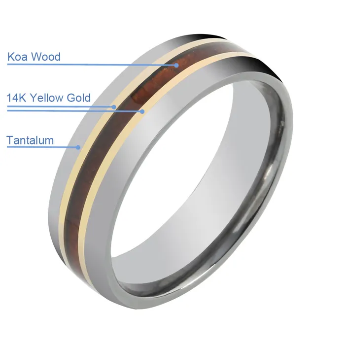Rings Nakoa Tantalum with 14K Yellow Gold and Koa Wood Inlaid Wedding Ring Barrel 6mm