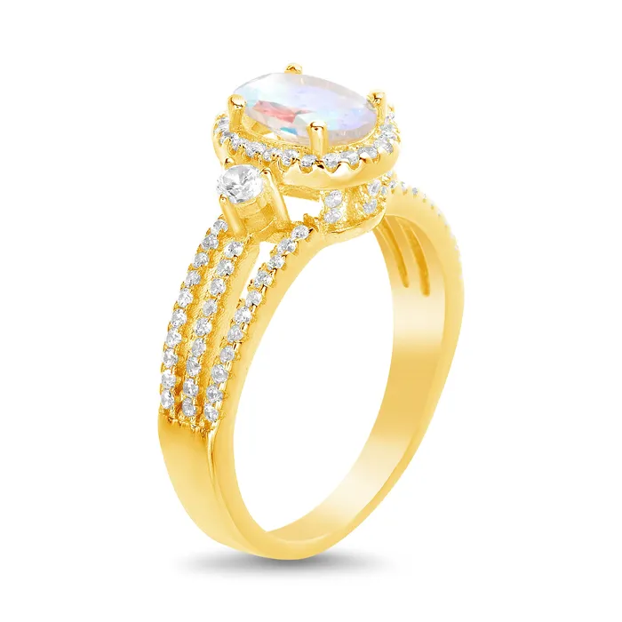 Rings Noblepack CA Gold Aurore Boreale CZ Oval with Halo Split Shank Ring