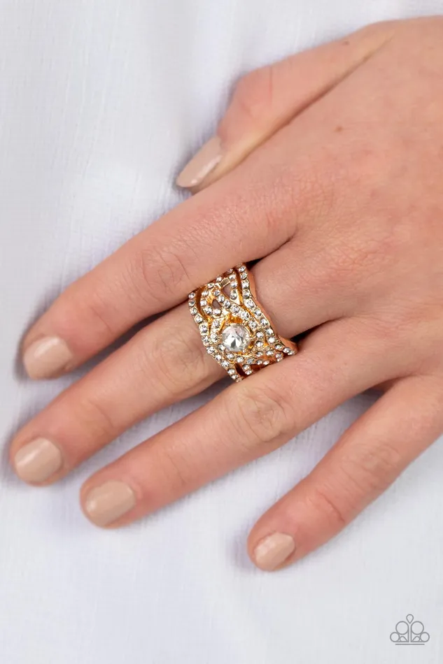 Rings Paparazzi Accessories Doting on Dazzle Gold with White Rhinestone Ring Paparazzi