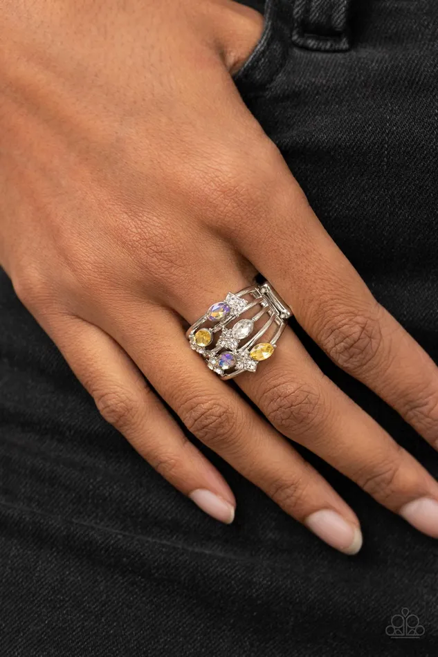 Rings Paparazzi Accessories Ethereal Escapade Yellow and Iridescent Rhinestone Silver Ring Paparazzi